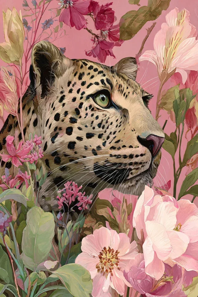 Glasschilderij 80x120cm Panter tussen de roze bloemen