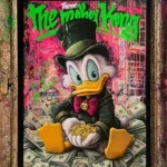 Glasschilderij met goudfolie 60x80cm Eend op biljetten