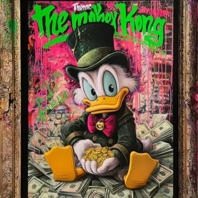 Glasschilderij met goudfolie 60x80cm Eend op biljetten