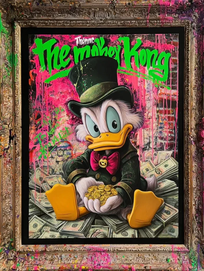 Glasschilderij met goudfolie 60x80cm Eend op biljetten