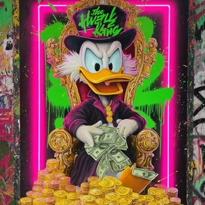 Glasschilderij met goudfolie 60x80cm Eend op munten