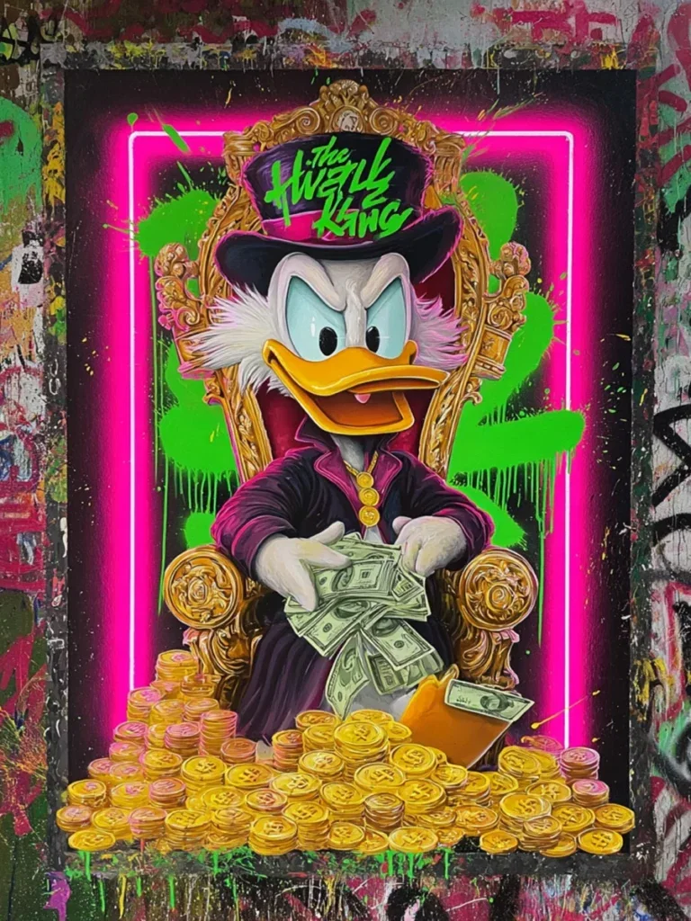 Glasschilderij met goudfolie 60x80cm Eend op munten