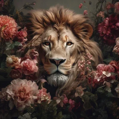 Glasschilderij 120x80cm Leeuw tussen de bloemen