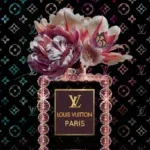 Glasschilderij met goudfolie 60x80cm Zwart flesje met roze bloemen