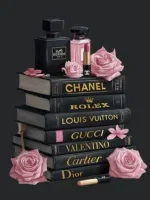 Glasschilderij met goudfolie 60x80cm Zwarte boeken, roze rozen