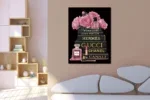 Glasschilderij met goudfolie 60x80cm Zwarte design boeken, roze bloemen