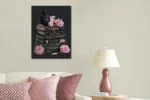 Glasschilderij met goudfolie 60x80cm Zwarte design boeken, roze rozen