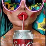 Glasschilderij met LED verlichting en lijst 80x120cm Vrouw met cola