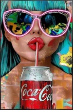 Glasschilderij met LED verlichting en lijst 80x120cm Vrouw met cola