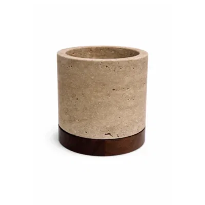 Travertine kaarshouder L Ø9,5x9cm incl. hout plateau