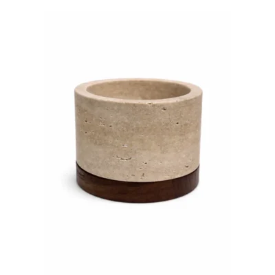 Travertine kaarshouder M Ø9,5x6,5cm incl. hout plateau