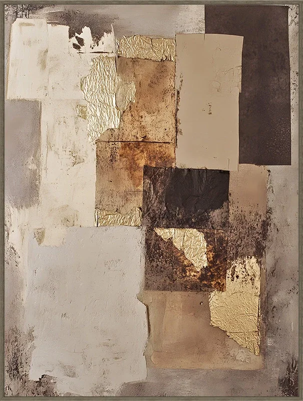 Beige bruin schilderij incl. lijst 60x80cm Handgeschilderd 'Donkere vlakken'