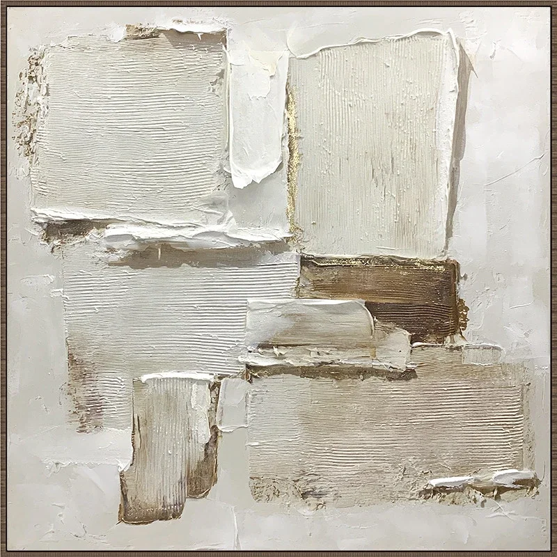 Beige schilderij incl. lijst 100x100cm 'Witte vlakken' Beige schilderij incl. lijst 100x100cm Handgeschilderd 'Witte vlakken' - Afbeelding 1
