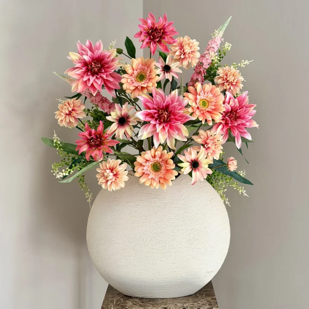 Beige vaas met zomer zijden bloem boeket