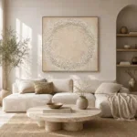Beige schilderij incl. lijst 102x102cm 100% Handgeschilderd 'cirkel' - Afbeelding 2