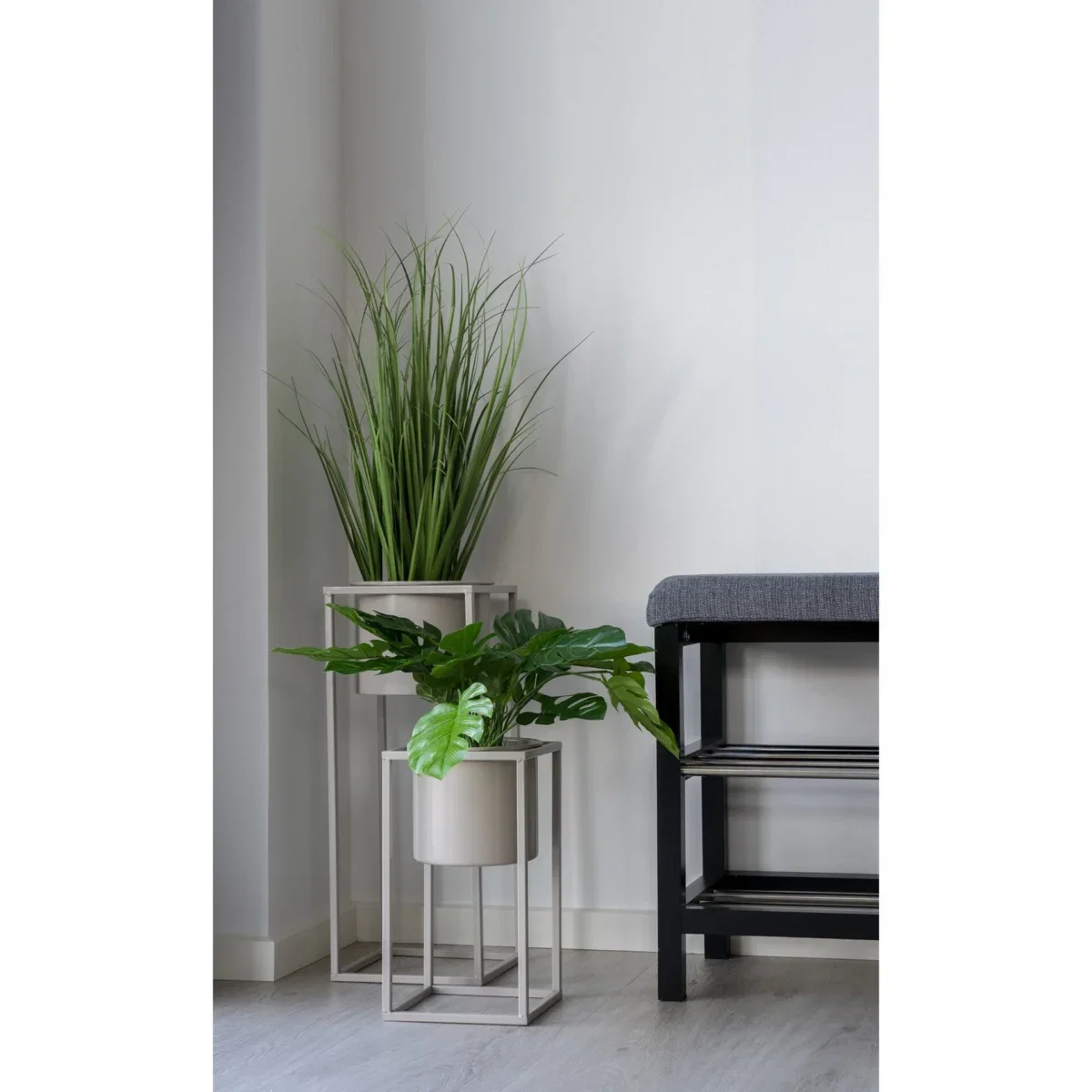 Padova Bench - Bench with cushion and 2 shelves, grey, black legs 100x34x50 cm - Afbeelding 7