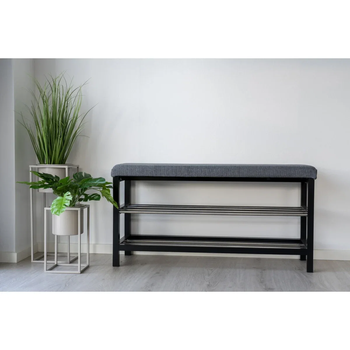 Padova Bench - Bench with cushion and 2 shelves, grey, black legs 100x34x50 cm - Afbeelding 8