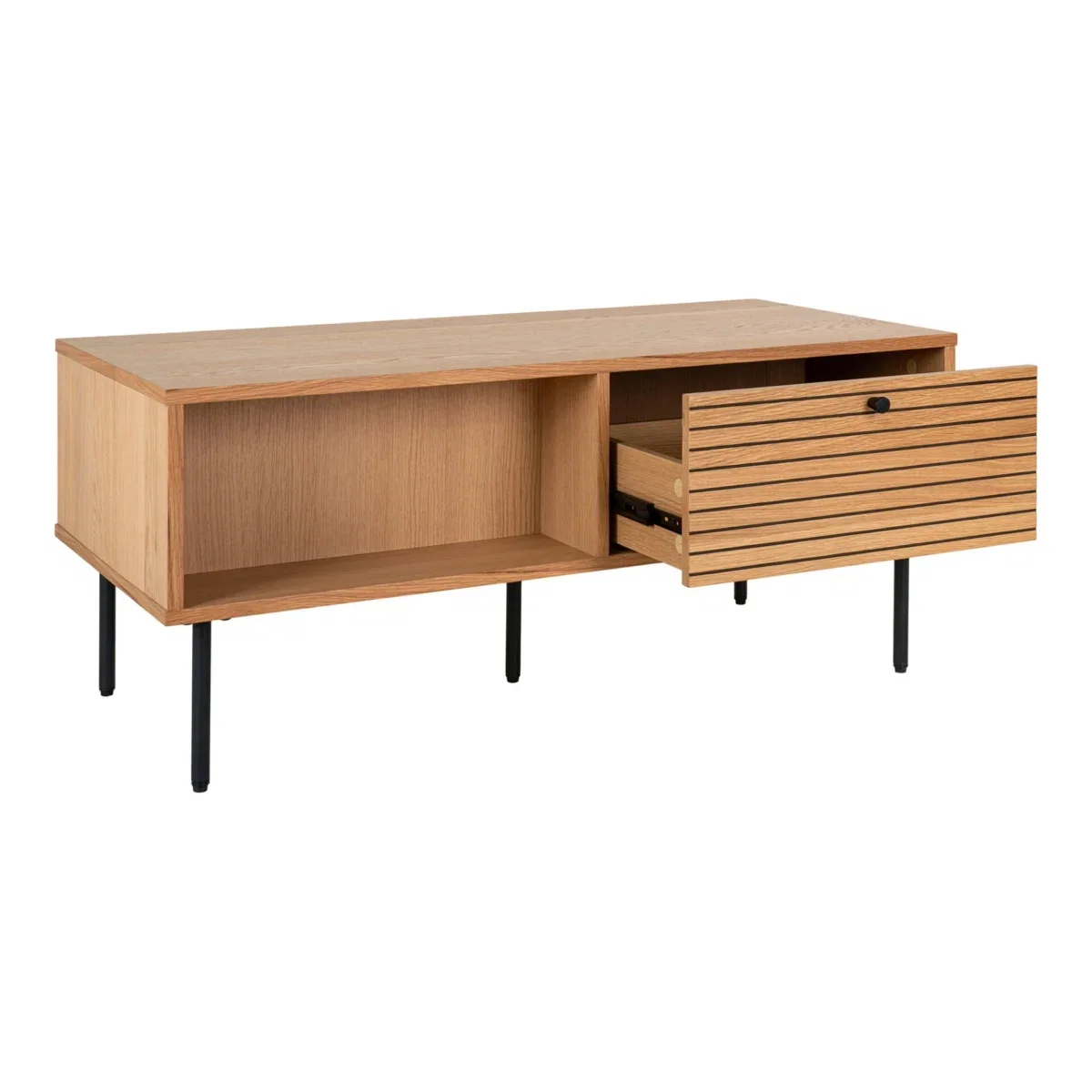 Kyoto Coffee Table - Coffee Table, 2 drawers, oak veneer, natural, black metal legs 50x100x45 cm - Afbeelding 2