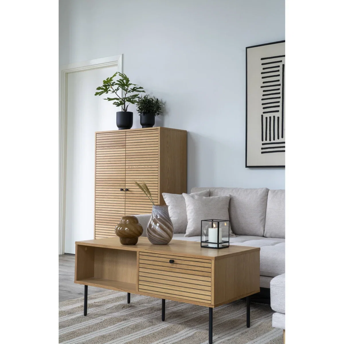 Kyoto Coffee Table - Coffee Table, 2 drawers, oak veneer, natural, black metal legs 50x100x45 cm - Afbeelding 7