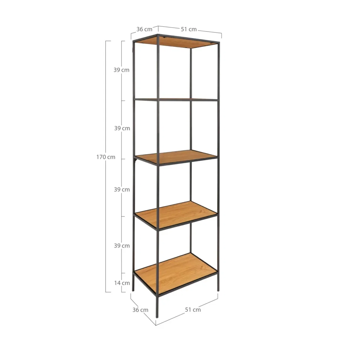 Vita shelf - Shelf, 5 shelves, oak look, black frame 51x36x170 cm - Afbeelding 5