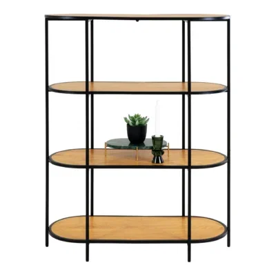 Vita shelf - Oval shelf, 4 shelves, oak look, black frame 85x36x111 cm