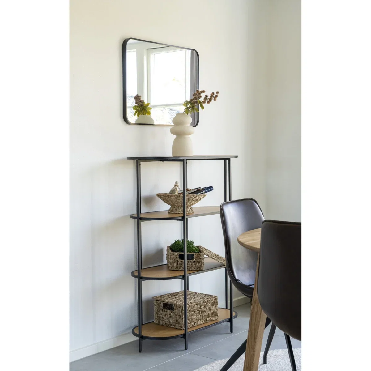 Vita shelf - Oval shelf, 4 shelves, oak look, black frame 85x36x111 cm - Afbeelding 4