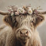 Glasschilderij 160x110cm Hooglander met bloemenkrans