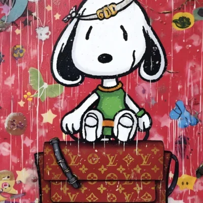 Glasschilderij 60x80cm Witte hond op rode handtas
