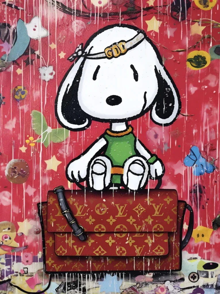 Glasschilderij 60x80cm Witte hond op rode handtas
