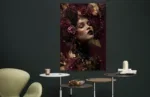 Glasschilderij Vrouw in paars/gouden bloemen