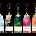 Glasschilderij met goudfolie 80x60cm Geverfde champagneflessen