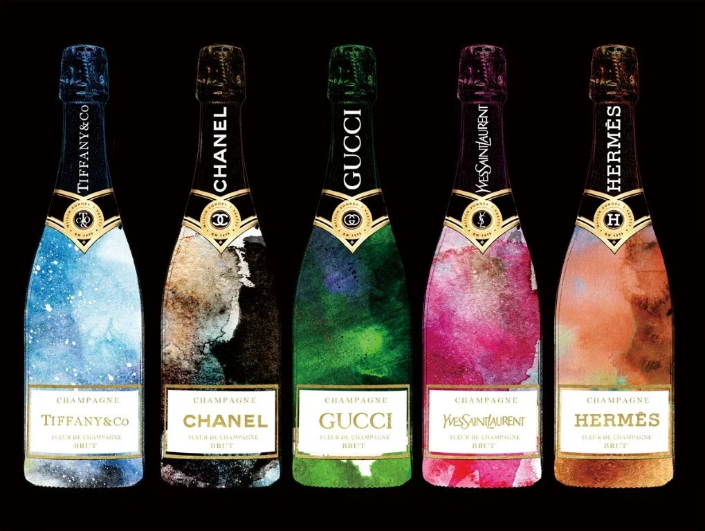 Glasschilderij met goudfolie 80x60cm Geverfde champagneflessen