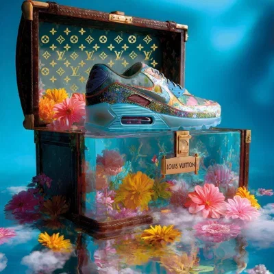 Glasschilderij 60x80cm Sneaker in een kist
