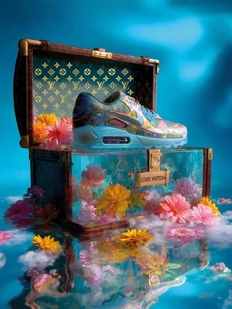 Glasschilderij 60x80cm Sneaker in een kist