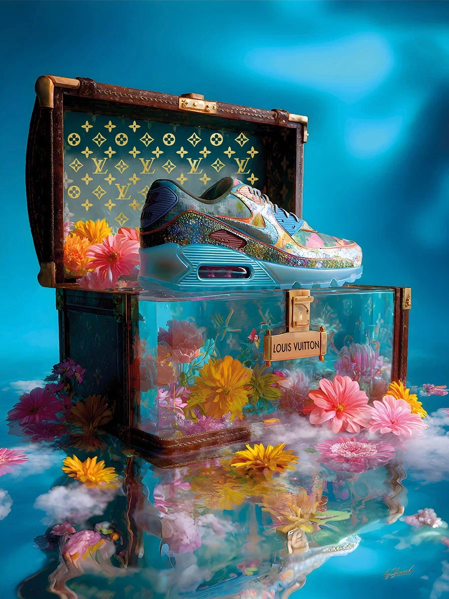 Glasschilderij 60x80cm Sneaker in een kist Glasschilderij 60x80cm Sneaker in een kist