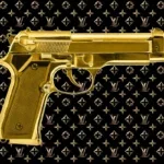 Glasschilderij met goudfolie 80x60cm Gouden pistool