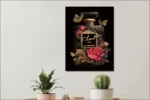 Glasschilderij met goudfolie Parfumflesje met rozen en vlinders