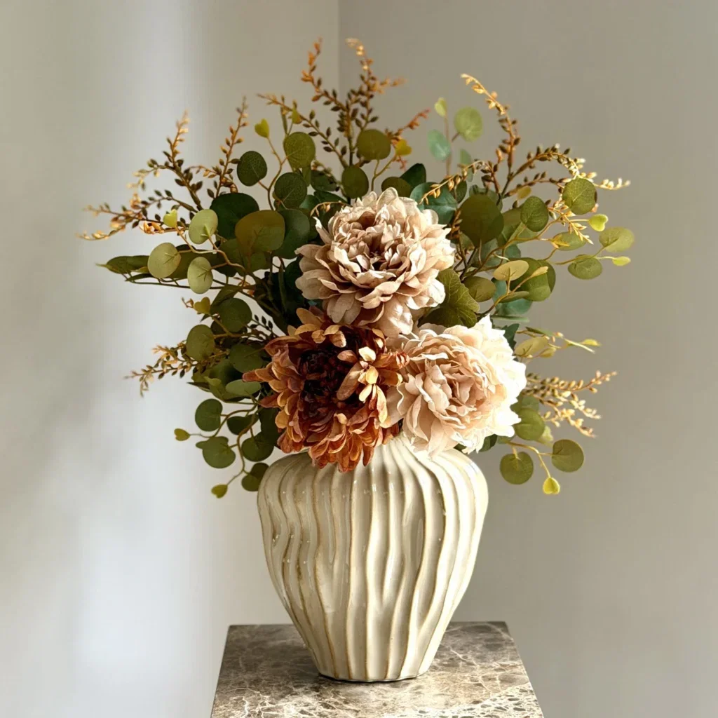 Beige vaas met herfst boeket