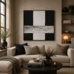 Olieverfschilderij incl. baklijst zwart 100x100cm 'White Streak' Materiaal: acrylverf+gerecycled papier - Afbeelding 2