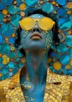 Glasschilderij 110x160cm Blauwe vrouw met gouden bril