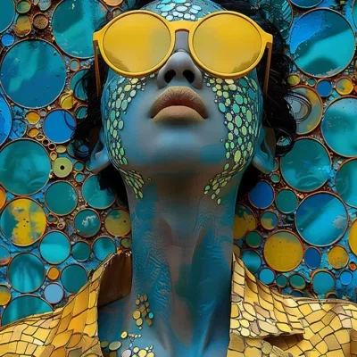 Glasschilderij 110x160cm Blauwe vrouw met gouden bril