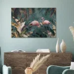 Glasschilderij 120x80cm Flamingo's in het woud.