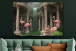 Glasschilderij 120x80cm Flamingo's in ruïne.