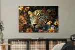 Glasschilderij 120x80cm Panter tussen de bloemen.