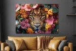 Glasschilderij 160x110cm Panter in bloemenzee.