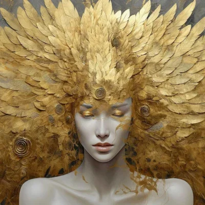 Glasschilderij 160x110cm Vrouw met gouden tooi