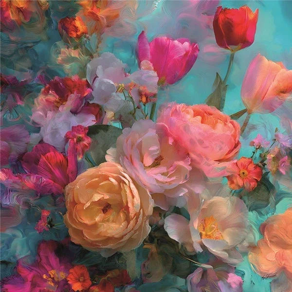 Glasschilderij 80x80cm Geschilderde bloemen