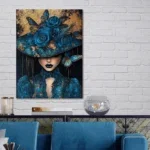 Glasschilderij met 3D reliëf 110x160cm Vrouw in blauw.