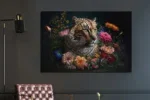 Glasschilderij met 3D reliëf 120x80cm Panter met bloemen.