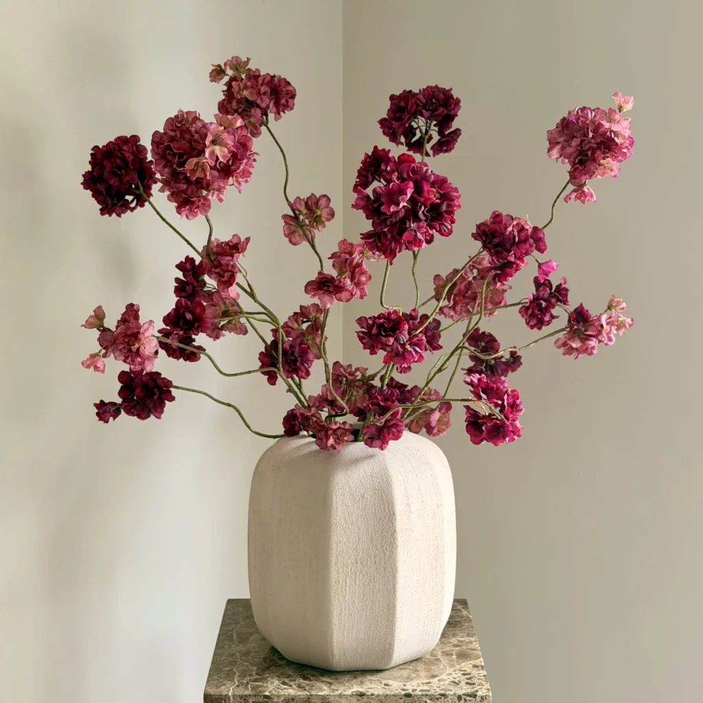 Beige vaas met burgundy roze zijden bloem boeket